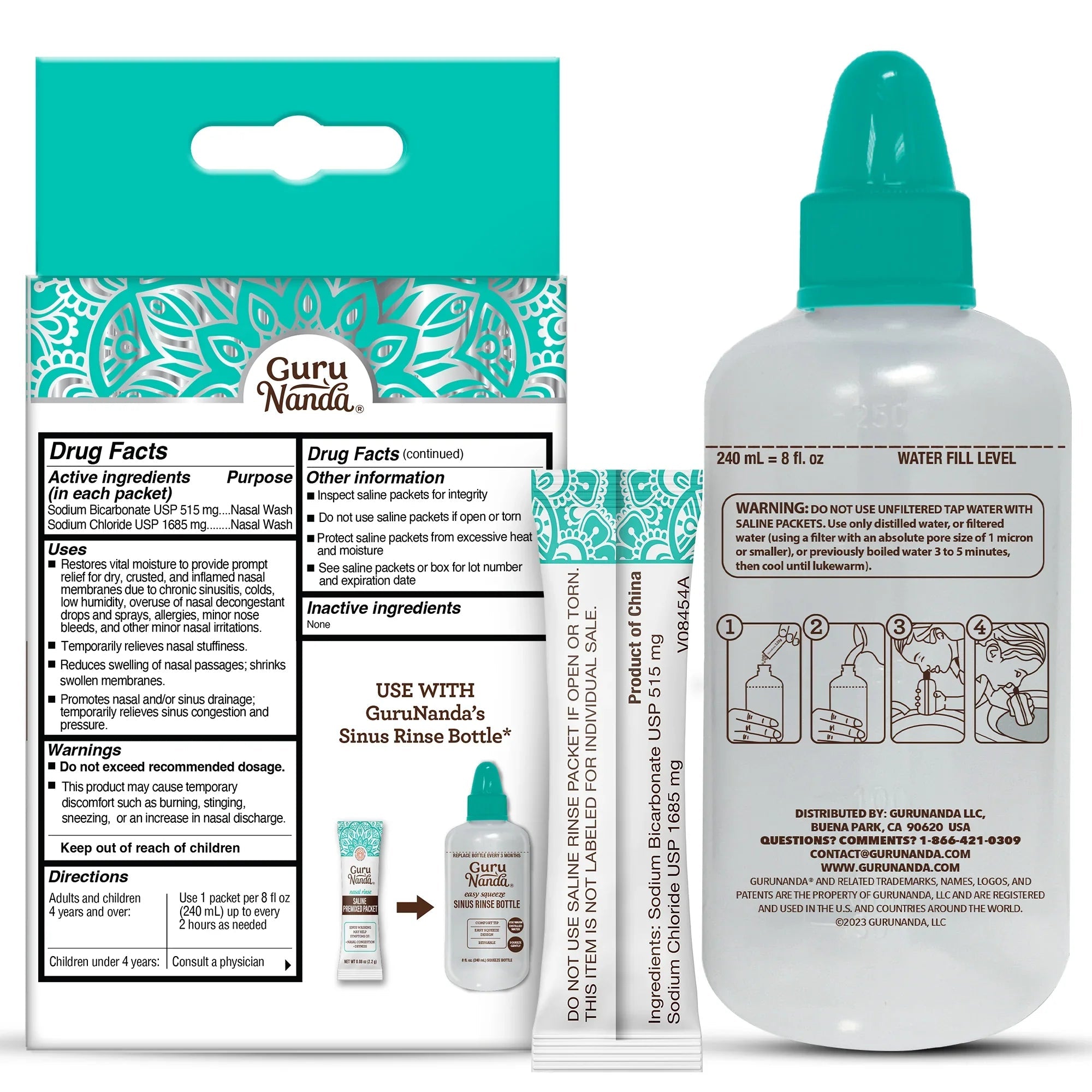 Sinus Rinse Bottle + 16 Saline Premixed Packets