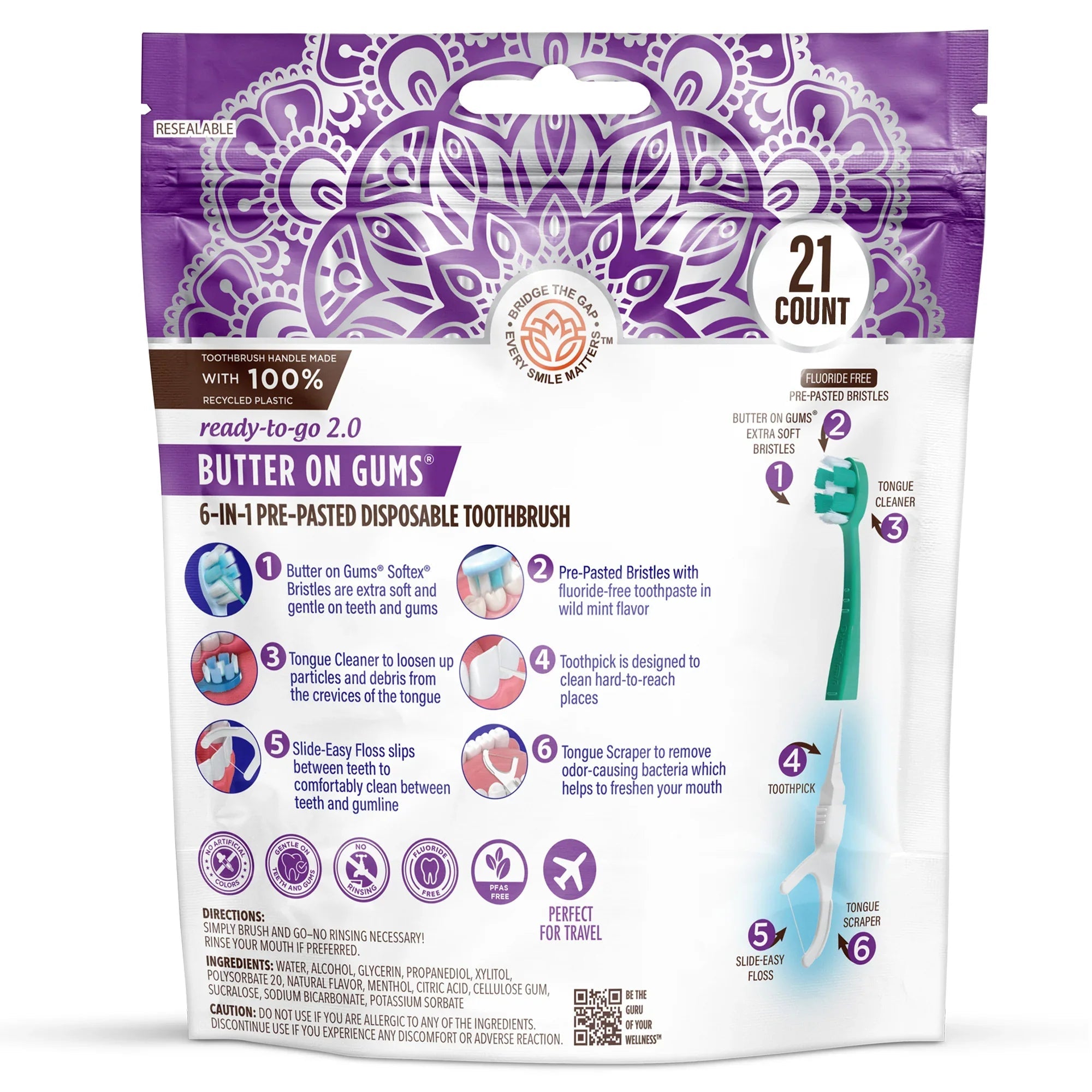 6-in-1 Ready to Go Butter on Gums Pre-Pasted Toothbrushes 2.0