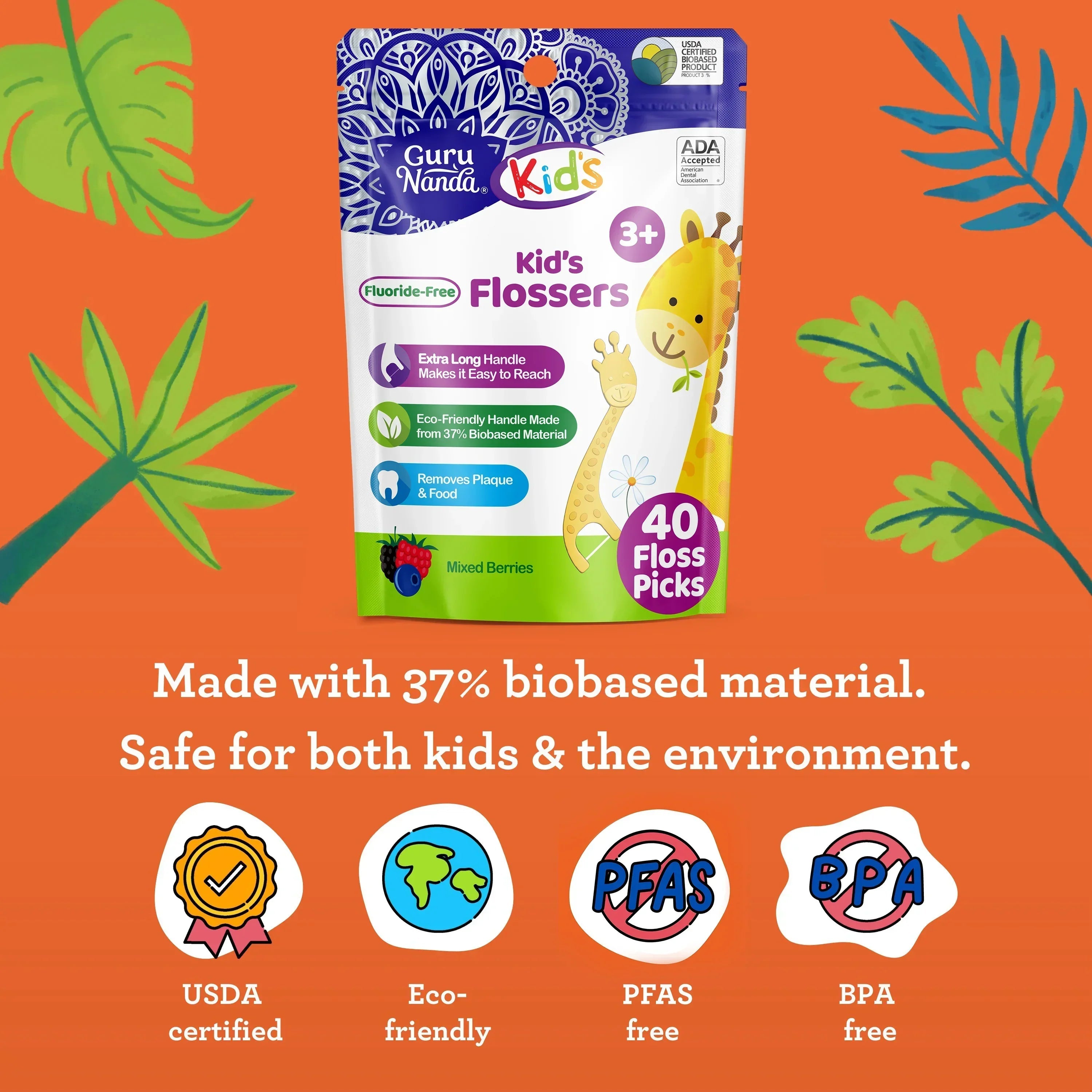 Kids' Giraffe Shaped Flossers. Fluoride-Free
