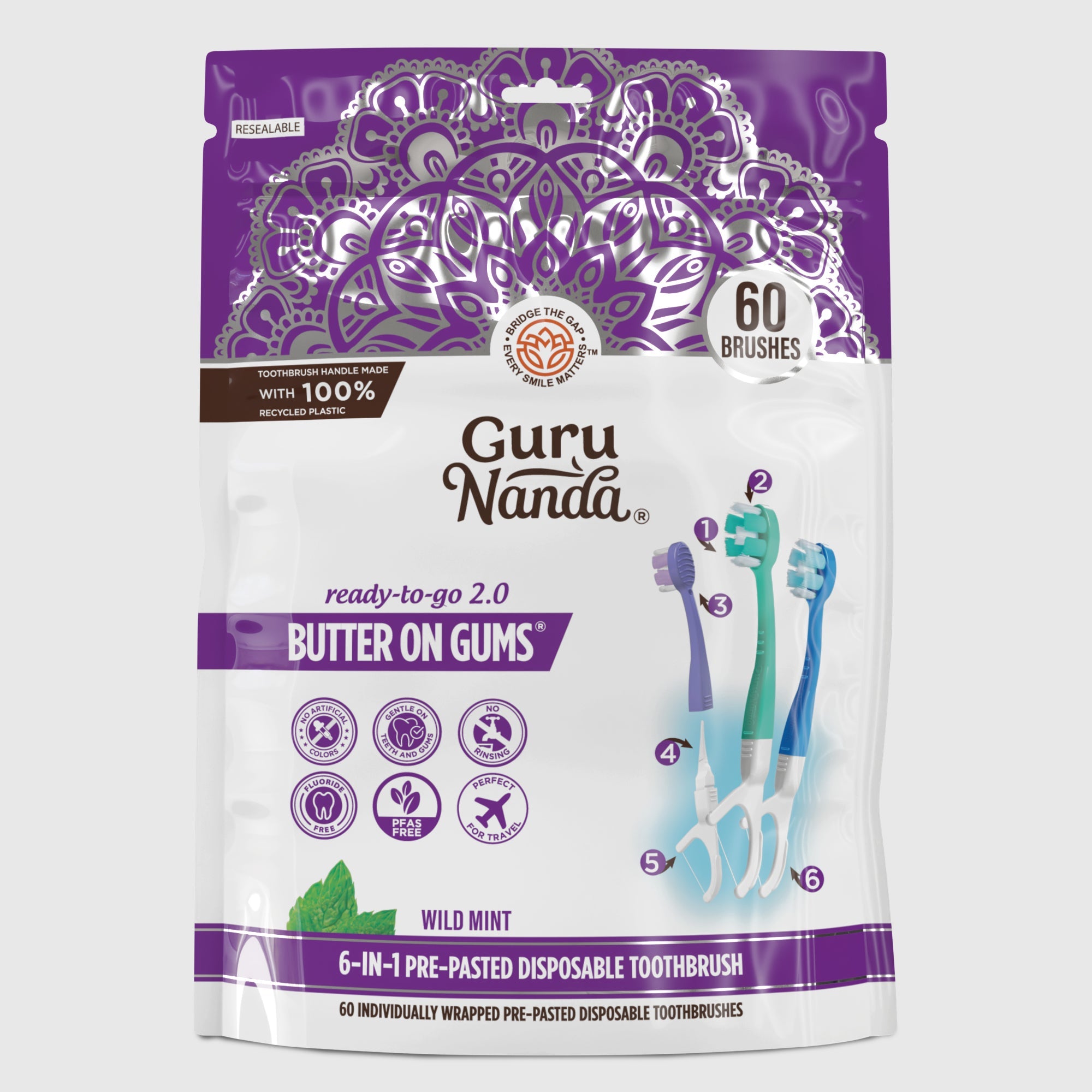 6-in-1 Ready to Go Butter on Gums Pre-Pasted Toothbrushes 2.0 ¨C 60 Count