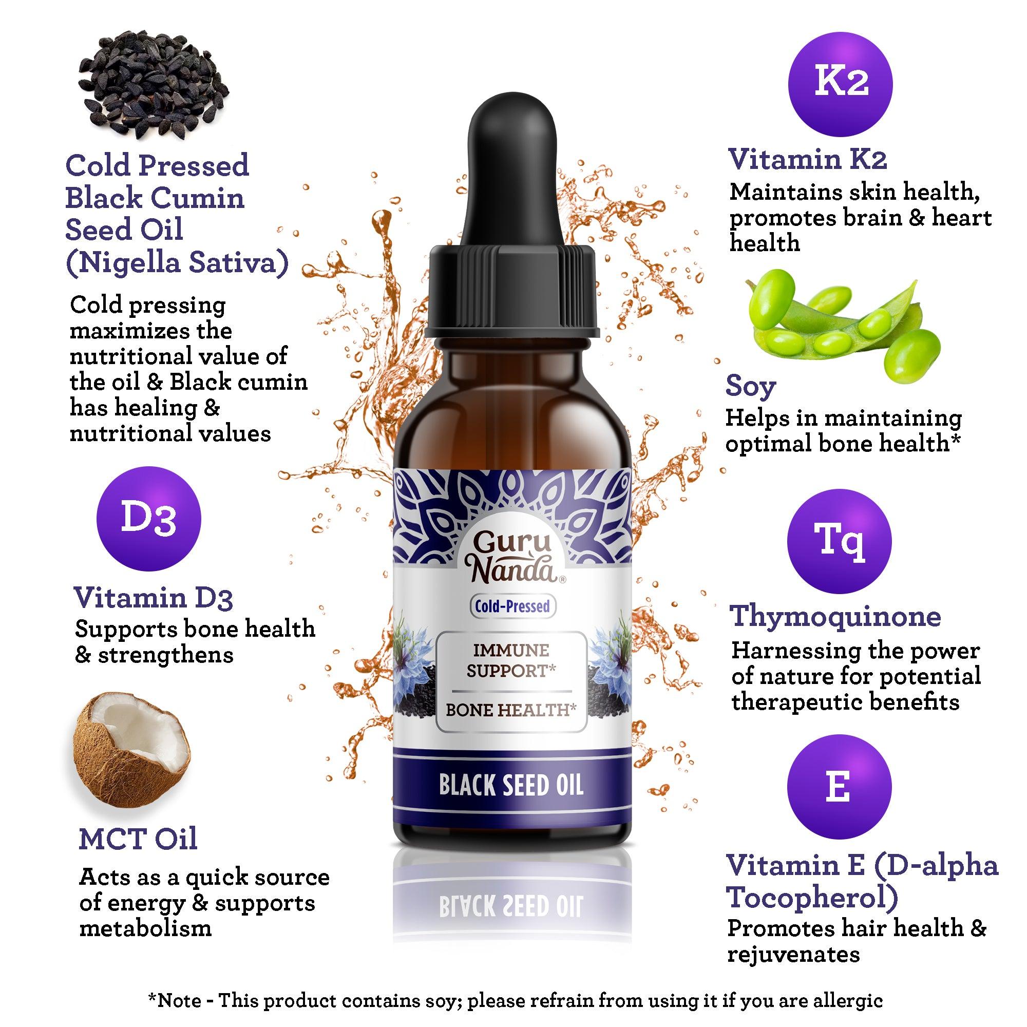 Natural Cold Pressed Black Seed Oil With Vitamin D3. K2. & E