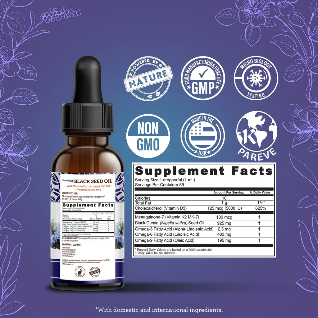 Natural Cold Pressed Black Seed Oil With Vitamin D3. K2. & E
