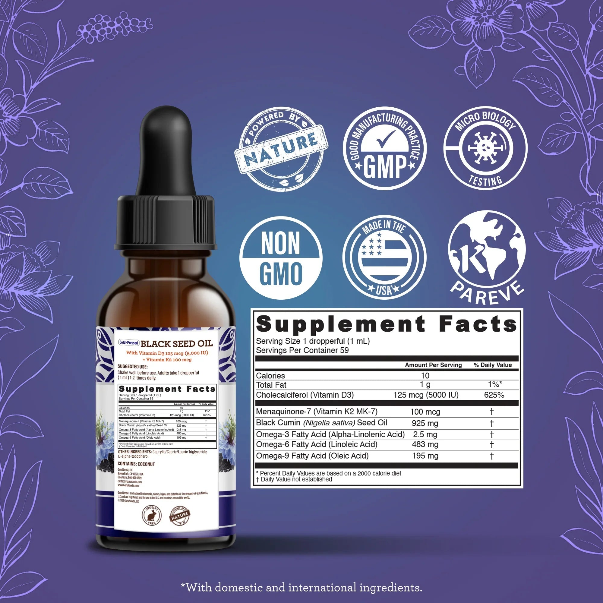Natural Cold Pressed Black Seed Oil With Vitamin D3. K2. & E