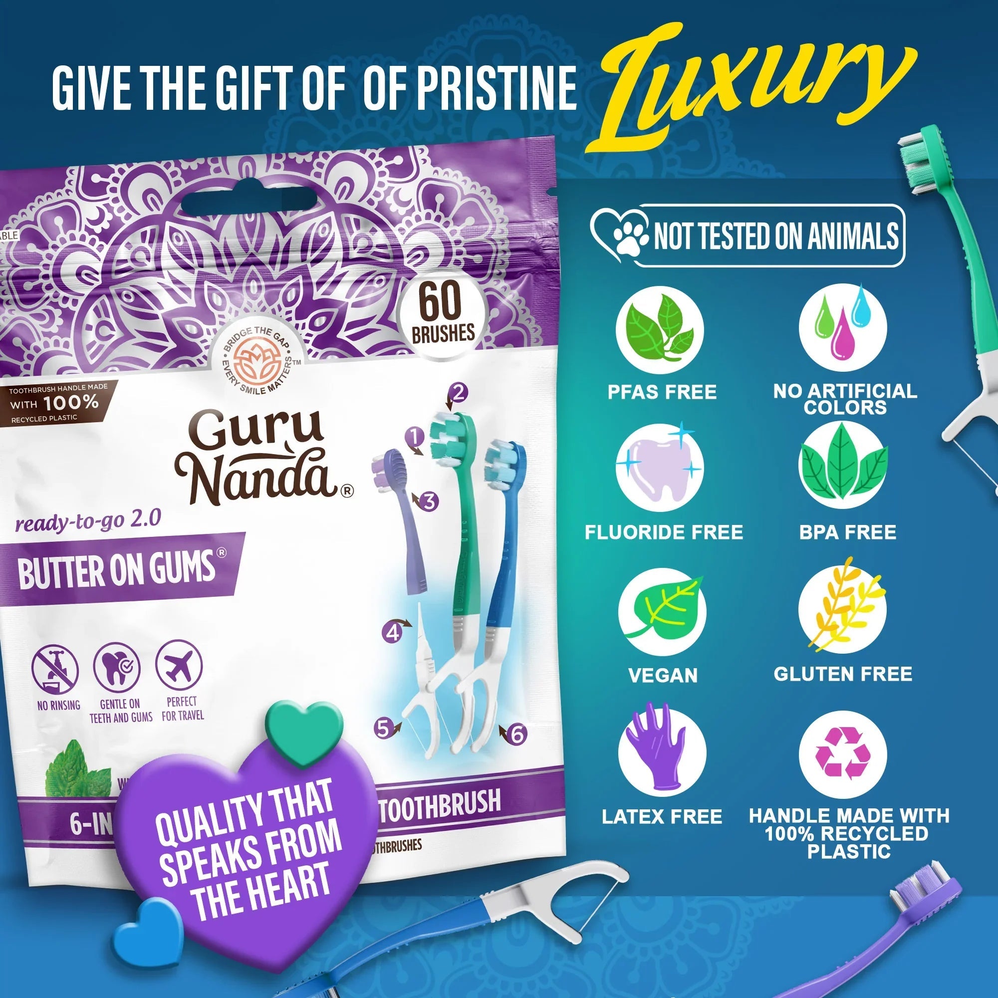 6-in-1 Ready to Go Butter on Gums Pre-Pasted Toothbrushes 2.0 ¨C 60 Count